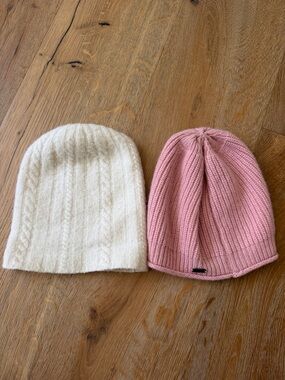 Kids Ribbed Pink & Cream Cashmere Beanie Pair